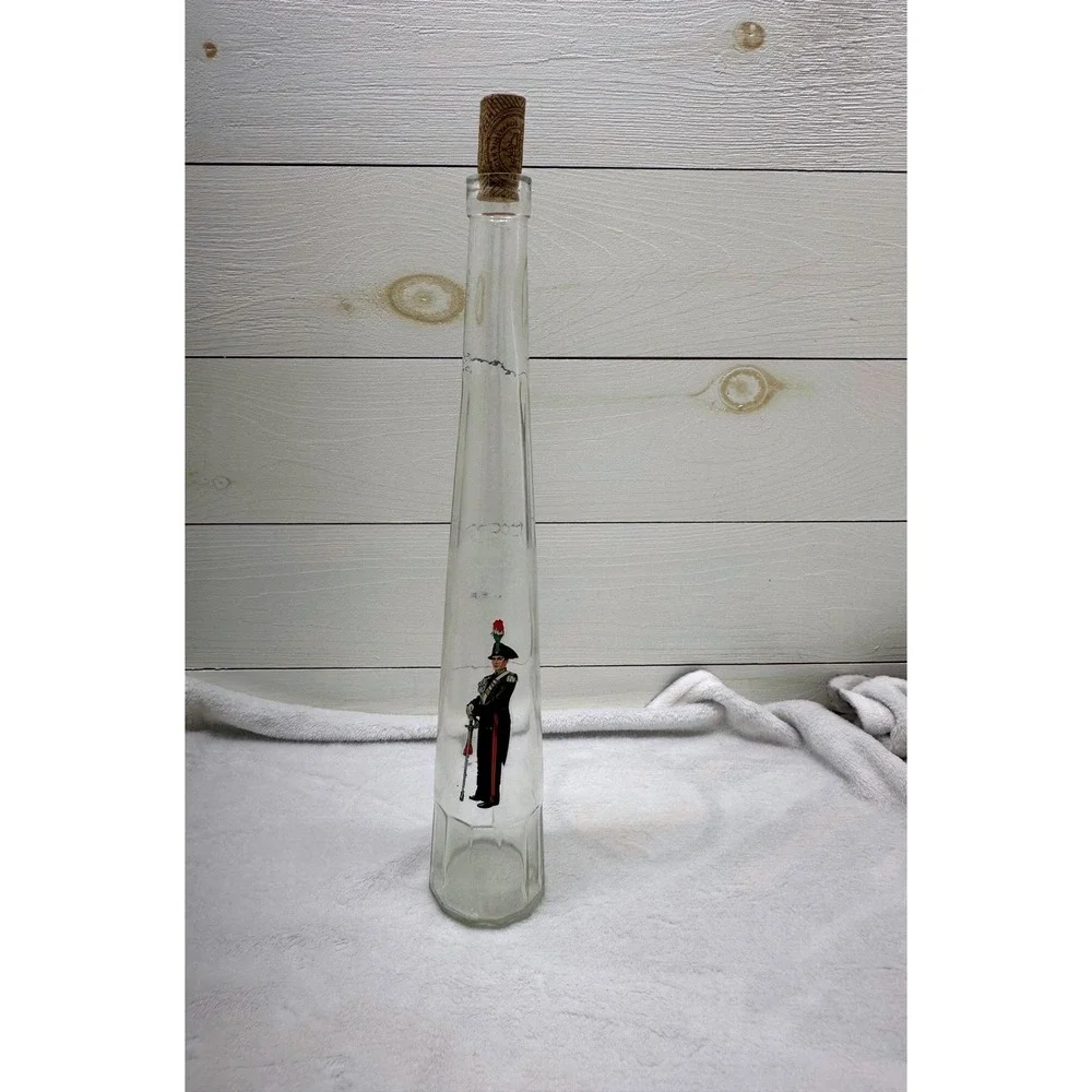 Bolaro Glass Decanter Italy Clear Tall Soldier Graphic FacetedBase Excellent Vtg